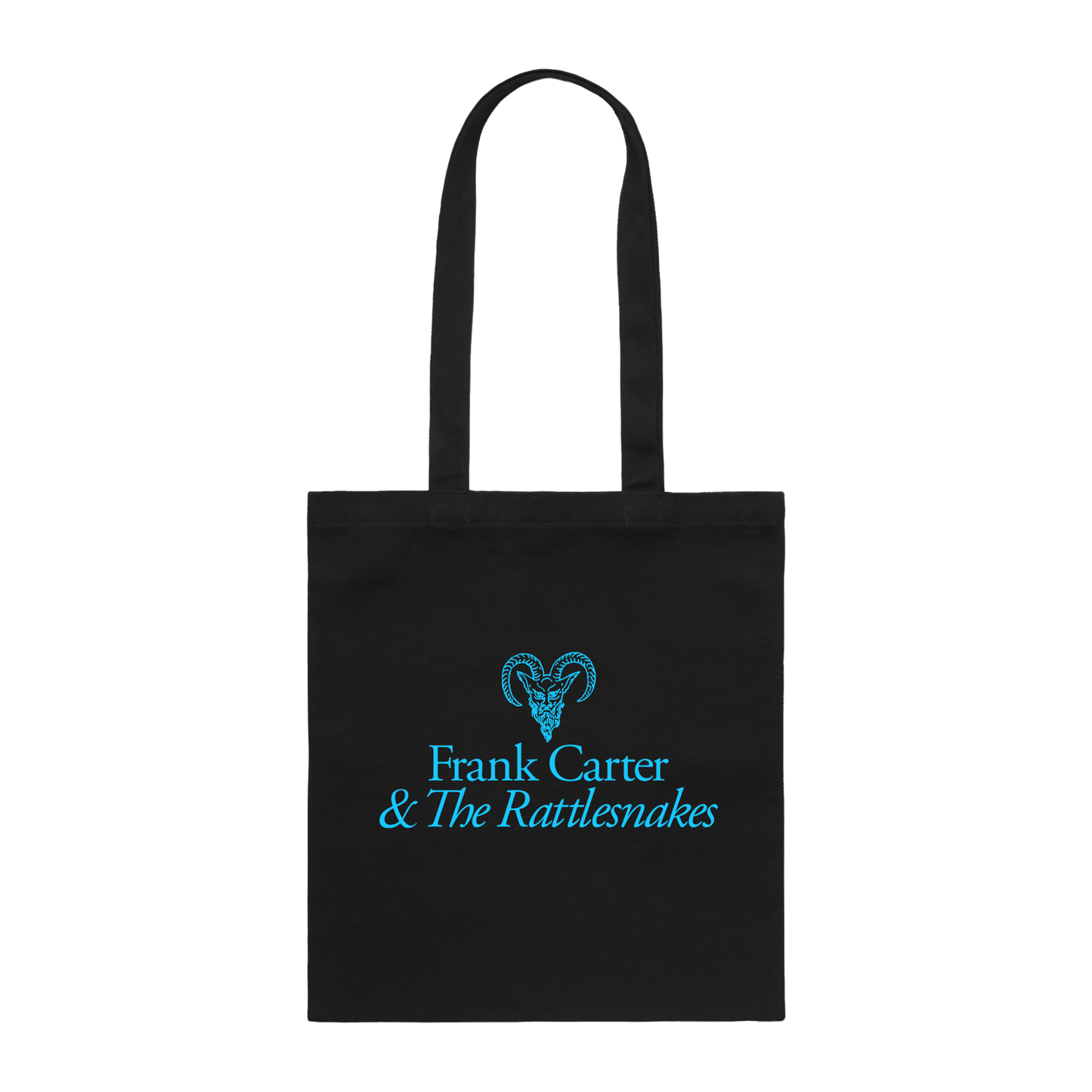Black tote bag with blue 'Frank Carter & The Rattlesnakes' logo