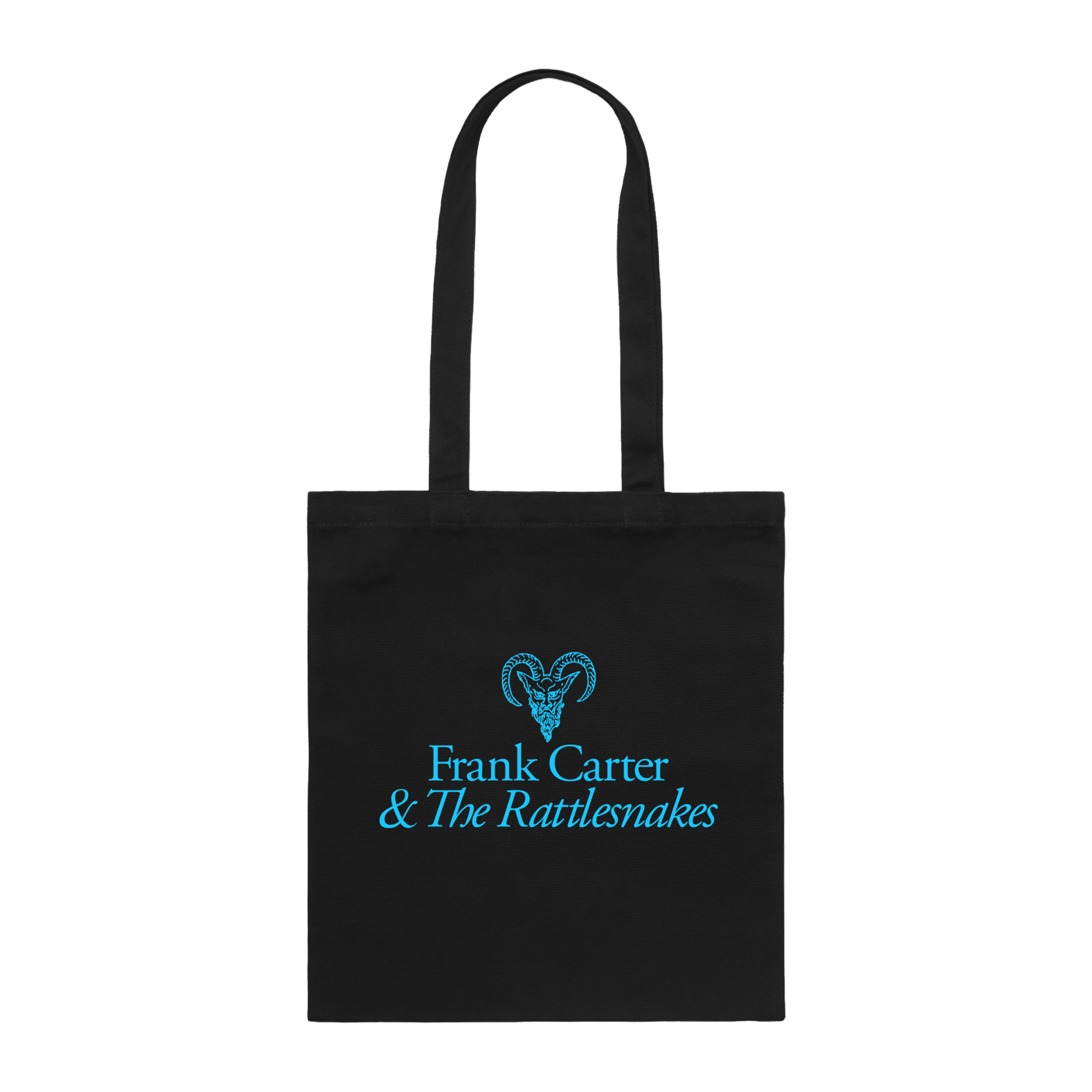 Black tote bag with blue 'Frank Carter & The Rattlesnakes' logo 