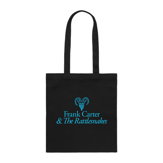 Black tote bag with blue 'Frank Carter & The Rattlesnakes' logo 